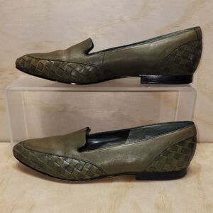 Arpeggios Deseree Olive Green Leather Slip-on Woven Loafers Women 8 Flat Shoes